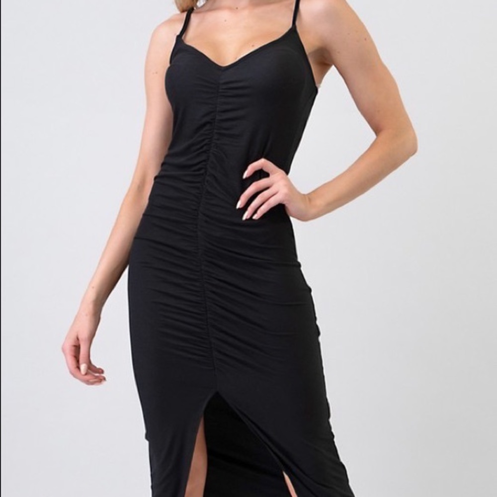 Front Ruching & Slit Cami Midi Dress